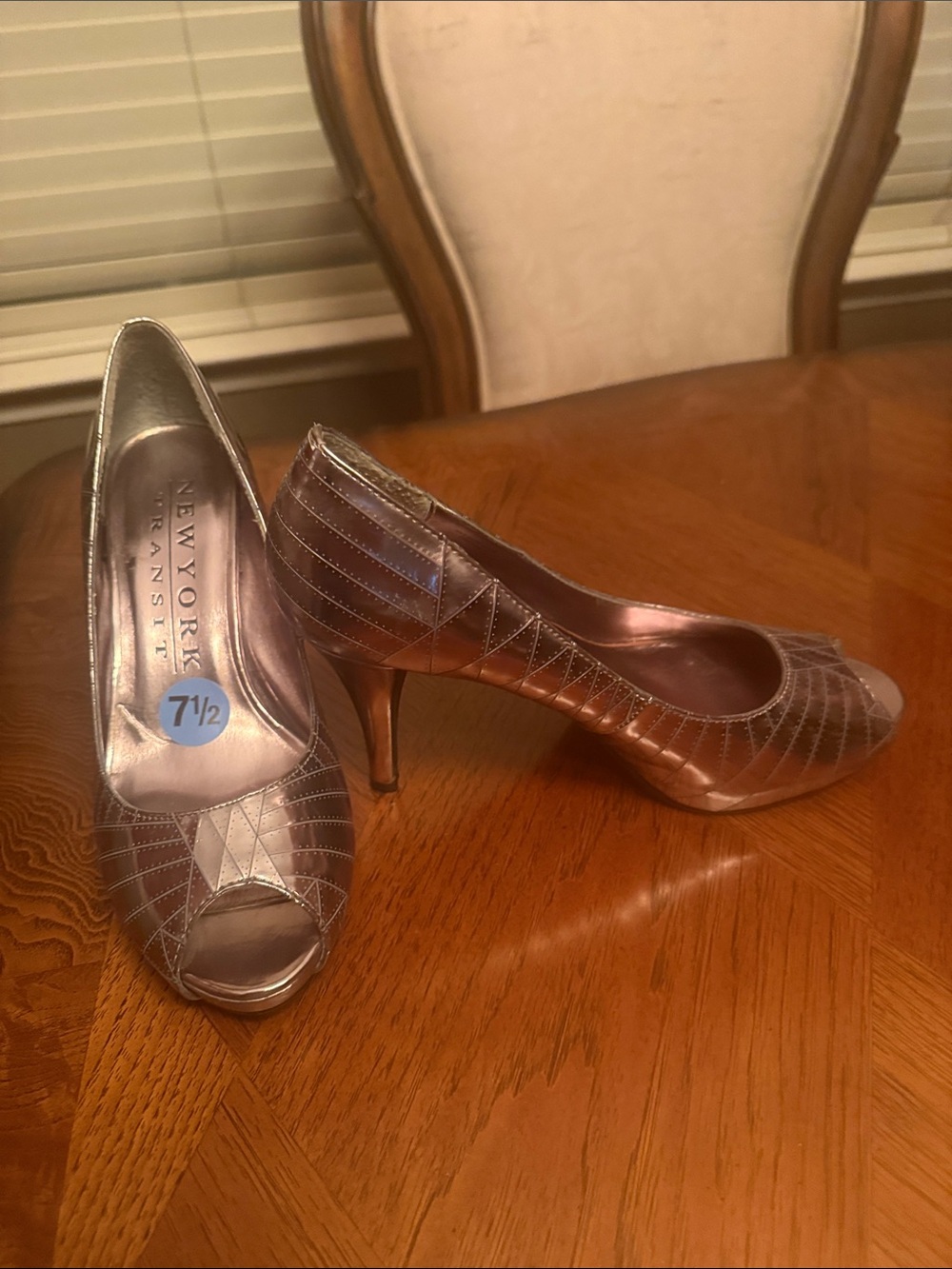 New York Transit Metallic Rose Gold Peep-Toe Heels